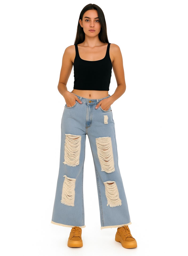 CHEVALIER FASHION Women’s Wide-Leg Distressed Patch Jeans – Trendy Light Blue Denim - Image 1