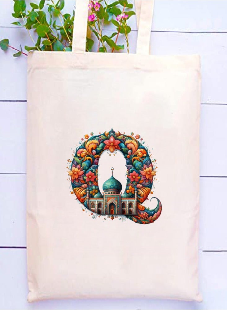 PRINTSHOP4ME Initial Monogram Tote Bag - Cotton Tote with Initial Design Printed - Perfect for School, Travel and Birthday Gift - Eco-Friendly Canvas Cotton Tote Bag for Women - Gift for Ramadan  - Image 2