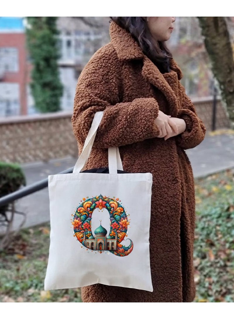 PRINTSHOP4ME Initial Monogram Tote Bag - Cotton Tote with Initial Design Printed - Perfect for School, Travel and Birthday Gift - Eco-Friendly Canvas Cotton Tote Bag for Women - Gift for Ramadan  - Image 5