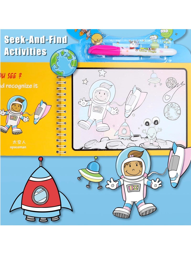 SYOSI 4 Pack Water Coloring Books, Repeatedly Scribbling Magic Water Book Vehicle Pirate Space Odyssey World Tour 4 Different Themes Magic Water Paint Coloring Books for Toddler Crafts for Girls Boys - Image 3