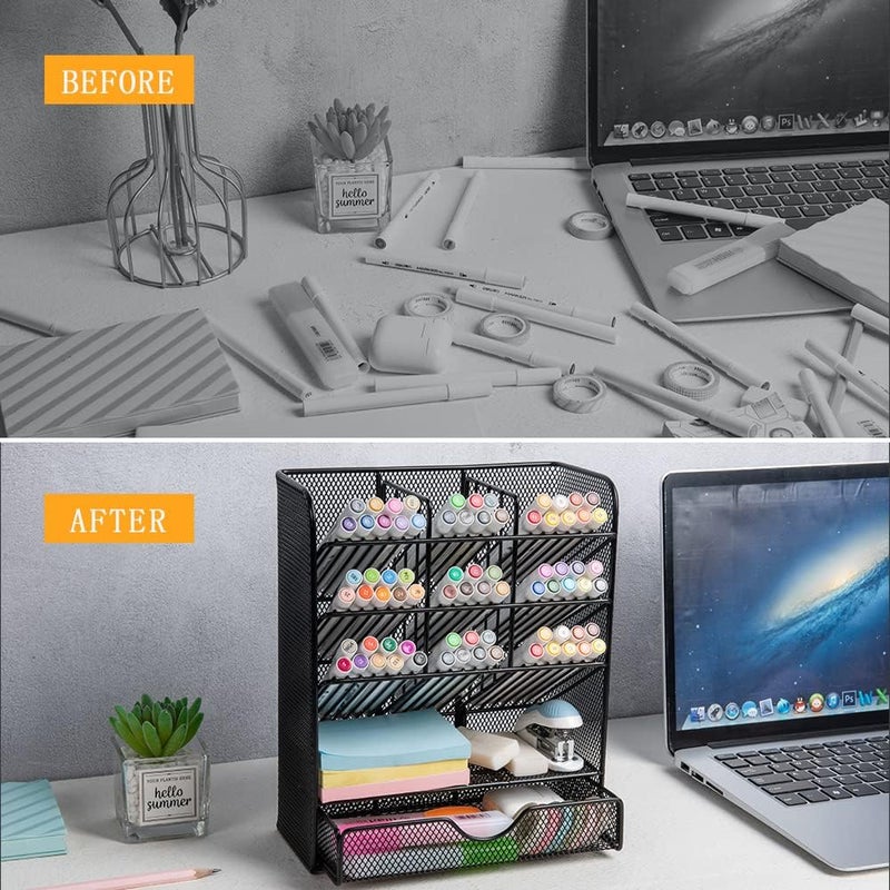 Spacrea Metal Pen Organizer, Pencil Holder for Desk, Desk Organizer with Drawer for School, Home, Art Supplies (Black) - Image 2
