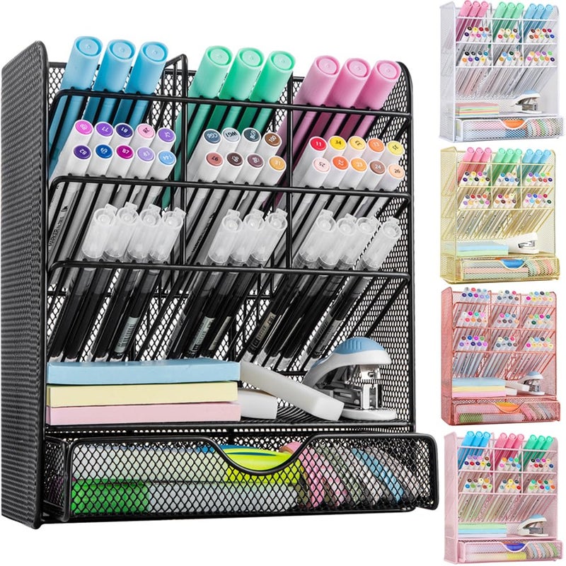 Spacrea Metal Pen Organizer, Pencil Holder for Desk, Desk Organizer with Drawer for School, Home, Art Supplies (Black) - Image 1
