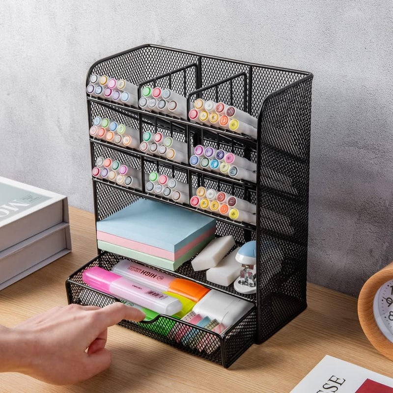 Spacrea Metal Pen Organizer, Pencil Holder for Desk, Desk Organizer with Drawer for School, Home, Art Supplies (Black) - Image 3