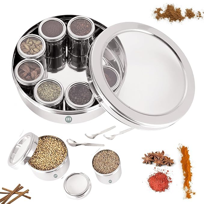 9 IN 1 SPICE BOX STAINLESS STEEL STYLISH EXTRA LARGE | MASALA BOX FOR KITCHEN STEEL | MASALA DABBA STEEL | MASALA DANI FOR KITCHEN | SEE THROUGH LID 9 CONTAINERS, 3 SPOONS(22.5CMS) SILVER