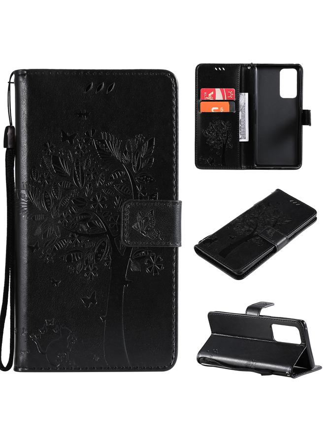 erorex Case For OPPO Reno6 Pro+ 5G Tree & Cat Pattern Pressed Printing Horizontal Flip PU Leather Case with Holder & Card Slots & Wallet & Lanyard - Image 1