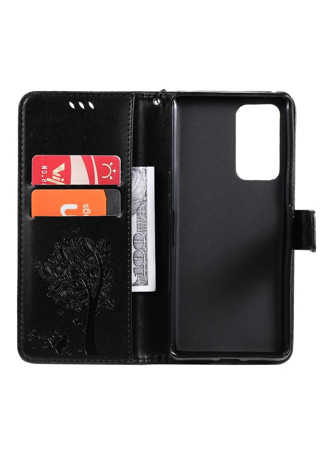 erorex Case For OPPO Reno6 Pro+ 5G Tree & Cat Pattern Pressed Printing Horizontal Flip PU Leather Case with Holder & Card Slots & Wallet & Lanyard - Image 4