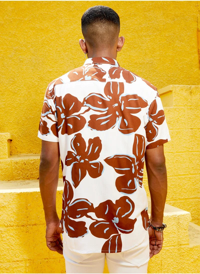 Campus Sutra Men's White & Brown Maxi Floral Print Shirt