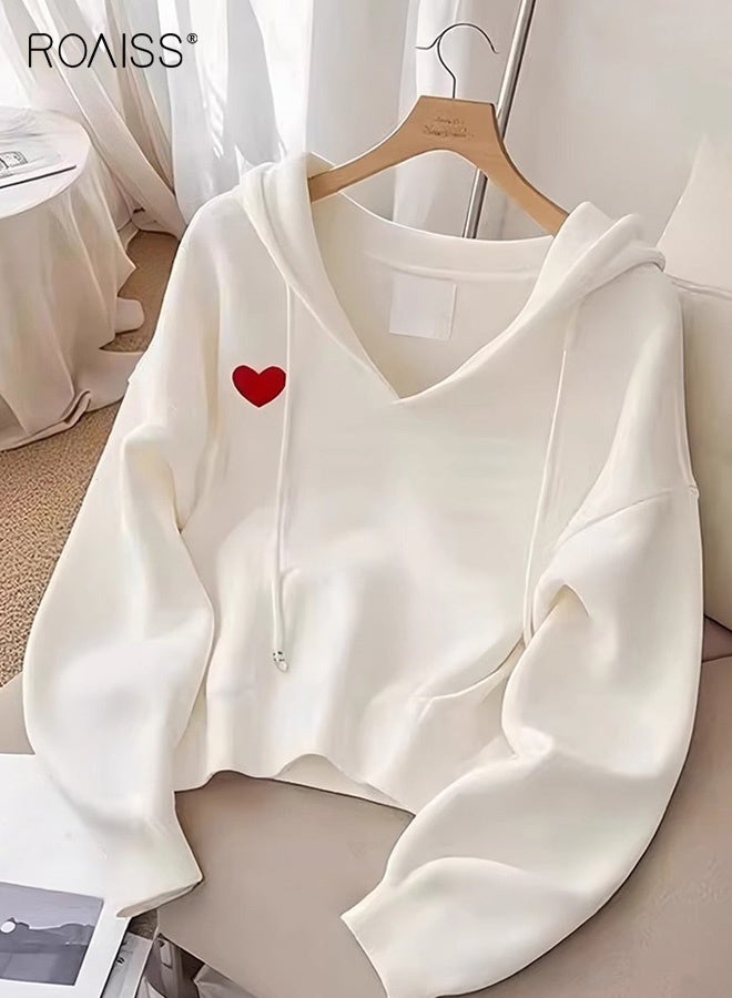 رويس بلوزة نسائية كبيرة الحجم بغطاء رأس مع قلب أحمر، بلوفر مريح بأكمام طويلة مع غطاء رأس برباط، قماش مطاطي متوسط لملابس الشارع غير الرسمية في الخريف والشتاء - Image 2