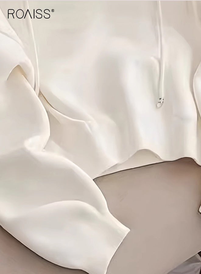 رويس بلوزة نسائية كبيرة الحجم بغطاء رأس مع قلب أحمر، بلوفر مريح بأكمام طويلة مع غطاء رأس برباط، قماش مطاطي متوسط لملابس الشارع غير الرسمية في الخريف والشتاء - Image 4