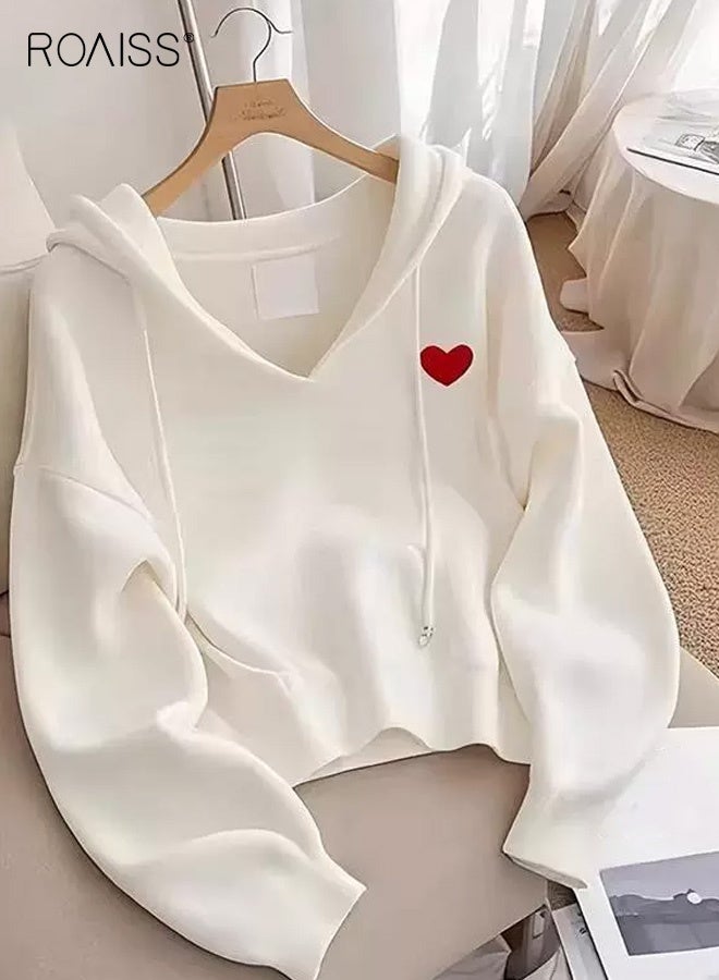 رويس بلوزة نسائية كبيرة الحجم بغطاء رأس مع قلب أحمر، بلوفر مريح بأكمام طويلة مع غطاء رأس برباط، قماش مطاطي متوسط لملابس الشارع غير الرسمية في الخريف والشتاء - Image 1