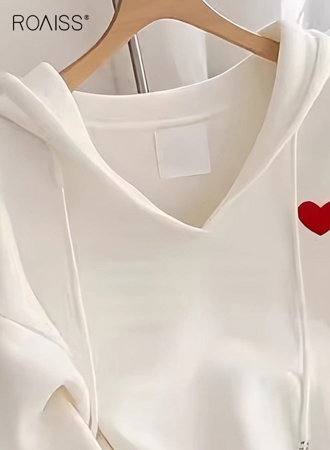 رويس بلوزة نسائية كبيرة الحجم بغطاء رأس مع قلب أحمر، بلوفر مريح بأكمام طويلة مع غطاء رأس برباط، قماش مطاطي متوسط لملابس الشارع غير الرسمية في الخريف والشتاء - Image 3