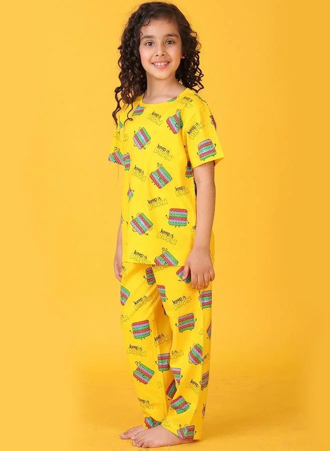 Anthrilo Girls Yellow Pop It Cotton T-Shirt and Pants Set