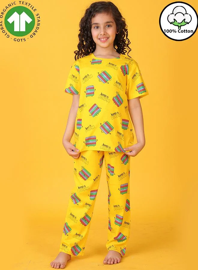 Anthrilo Girls Yellow Pop It Cotton T-Shirt and Pants Set
