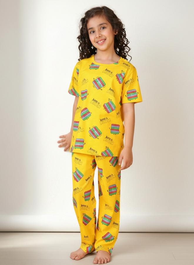 Anthrilo Girls Yellow Pop It Cotton T-Shirt and Pants Set - Image 1