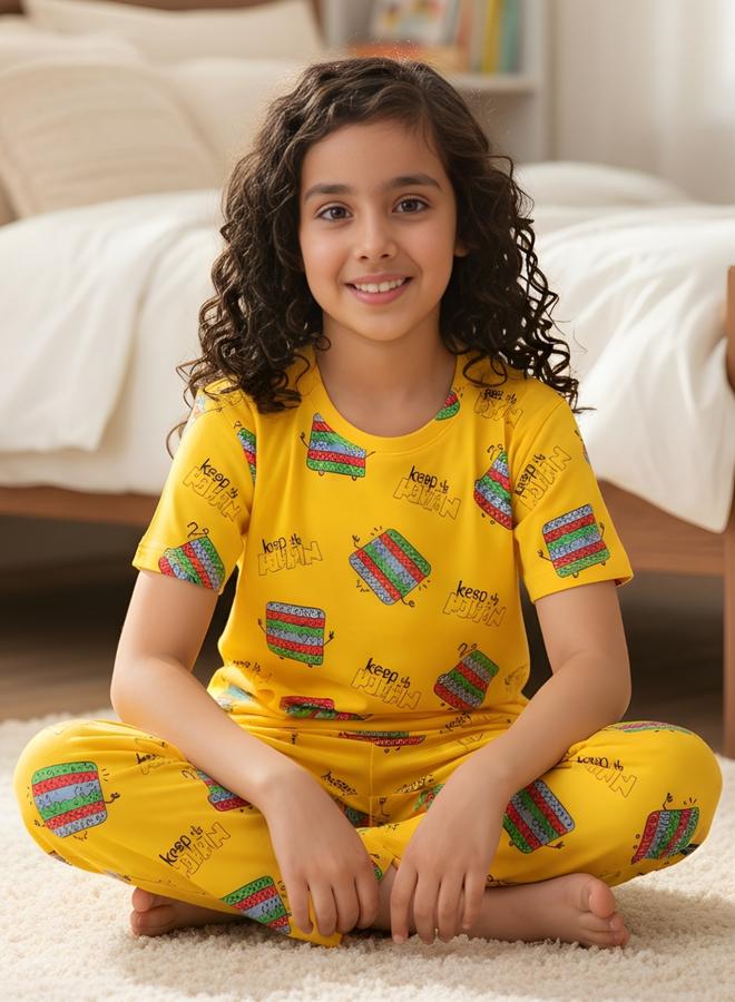 Anthrilo Girls Yellow Pop It Cotton T-Shirt and Pants Set - Image 5