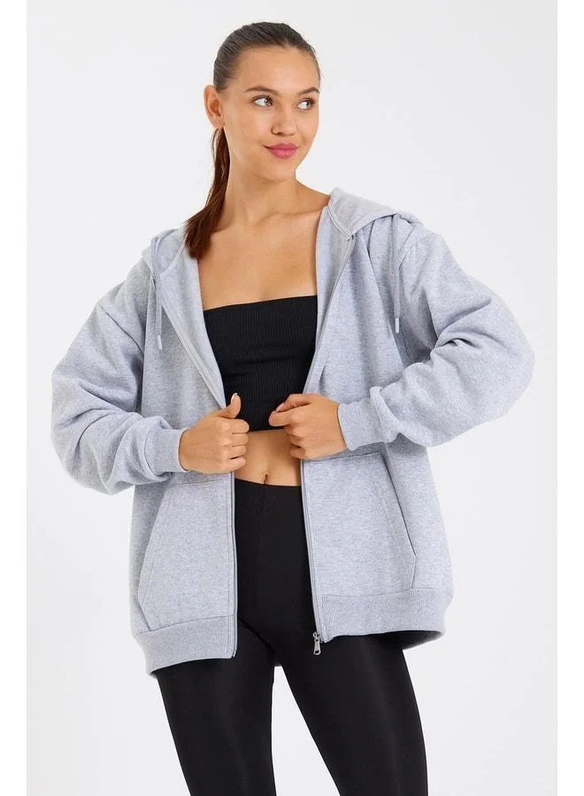 mmetalic Gray Oversized Women’s Hooded Sweatshirt with Kangaroo Pocket and Cotton-Lined Zipper