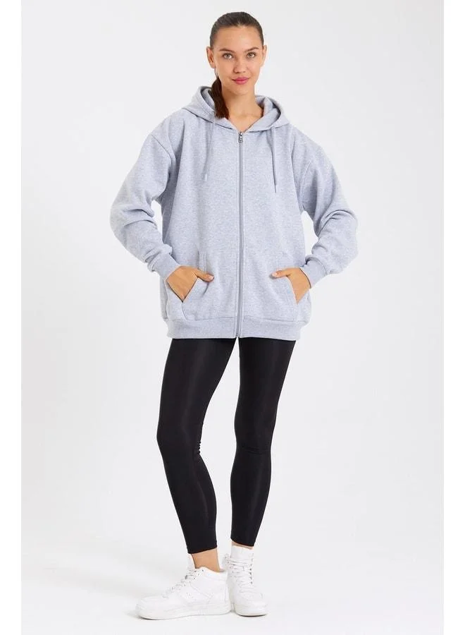 mmetalic Gray Oversized Women’s Hooded Sweatshirt with Kangaroo Pocket and Cotton-Lined Zipper