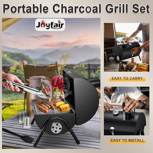 Joyfair Portable Charcoal Grill Set, Small Tabletop Barbecue Grill with Accessories Tools for Outdoor Camping BBQ Grilling Backyard Party Cooking, Heavy Duty & Innovative Design, Thermometer & Chimney - Image 4