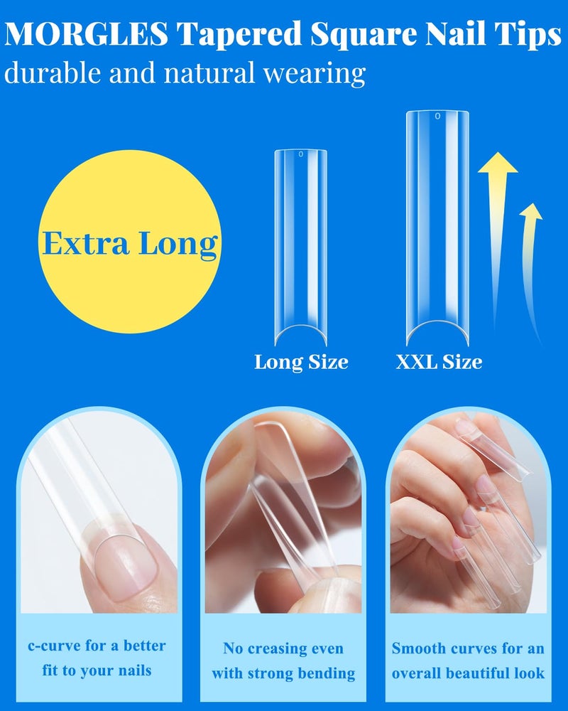 MORGLES Clear Tapered Square Nail Tips, 240 Pcs XXL Extra Long Straight C Curve Nail Tips 12 Sizes Half Cover French Clear for Acrylic Home DIY with Box - Image 3