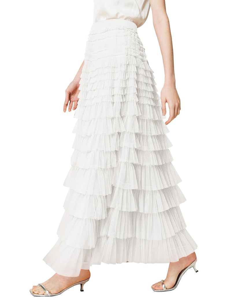 PEHMEA Women's Tulle Maxi Skirt High Waist Elastic Tiered Ruffle A-Line Flowy Party Wedding Guest Skirts Comfortable Daily Wear(White-XL) - Image 1