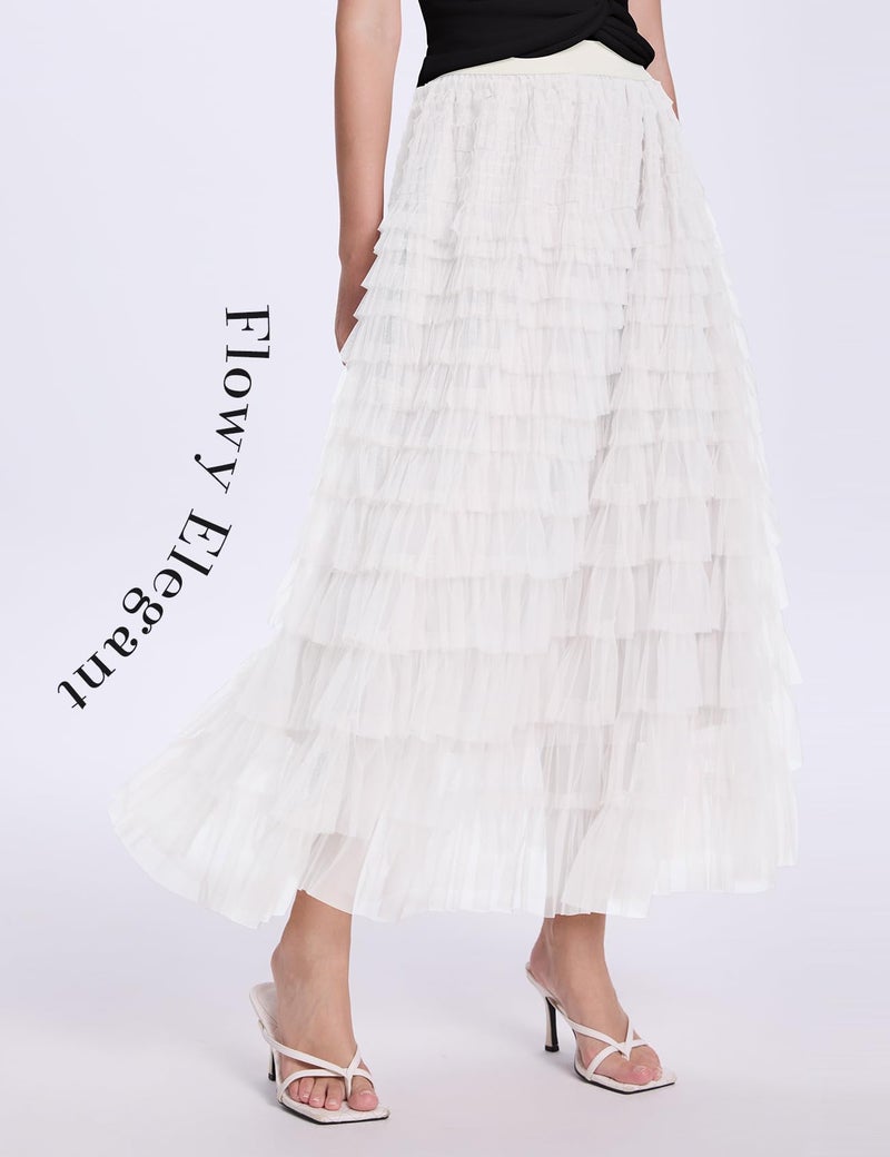 PEHMEA Women's Tulle Maxi Skirt High Waist Elastic Tiered Ruffle A-Line Flowy Party Wedding Guest Skirts Comfortable Daily Wear(White-XL) - Image 5