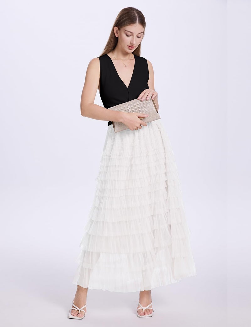 PEHMEA Women's Tulle Maxi Skirt High Waist Elastic Tiered Ruffle A-Line Flowy Party Wedding Guest Skirts Comfortable Daily Wear(White-XL) - Image 2