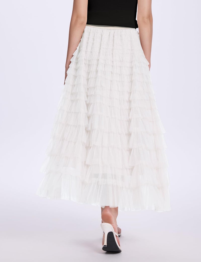PEHMEA Women's Tulle Maxi Skirt High Waist Elastic Tiered Ruffle A-Line Flowy Party Wedding Guest Skirts Comfortable Daily Wear(White-XL) - Image 4