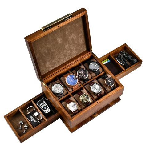 Shanik Luxury Large Watch Box Organizer for Men with 8 Divided Slots, Soft Velvet Pillows, and Pull-Out Drawers for Wallet, Cufflinks, and Accessories - Image 1