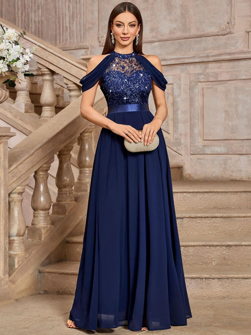 Miusol Women's Classic Lace Sleeveless Sequin Contrast Chiffon Bridesmaid Maxi Dress (Large, Navy Blue) - Image 4