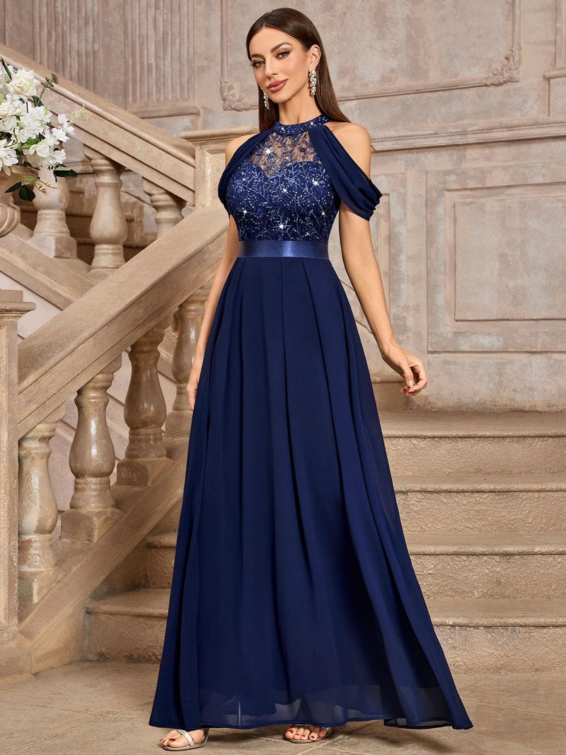 Miusol Women's Classic Lace Sleeveless Sequin Contrast Chiffon Bridesmaid Maxi Dress (Large, Navy Blue) - Image 3
