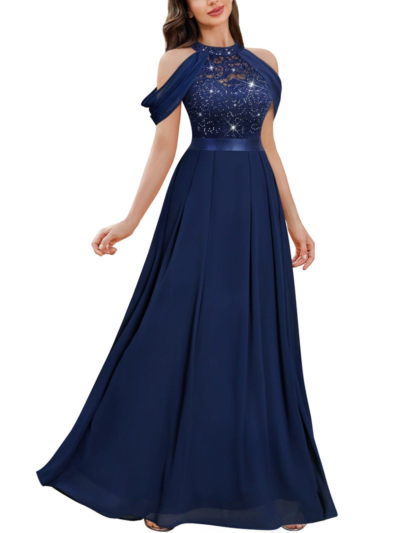 Miusol Women's Classic Lace Sleeveless Sequin Contrast Chiffon Bridesmaid Maxi Dress (Large, Navy Blue) - Image 1