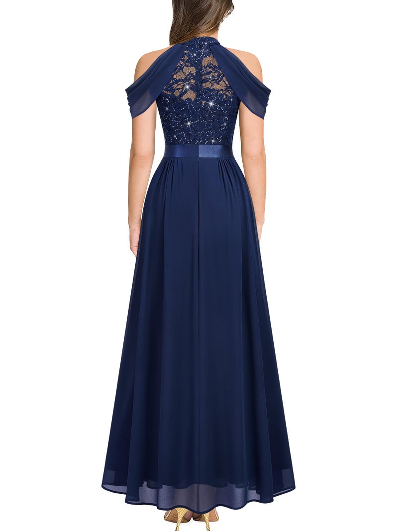 Miusol Women's Classic Lace Sleeveless Sequin Contrast Chiffon Bridesmaid Maxi Dress (Large, Navy Blue) - Image 2