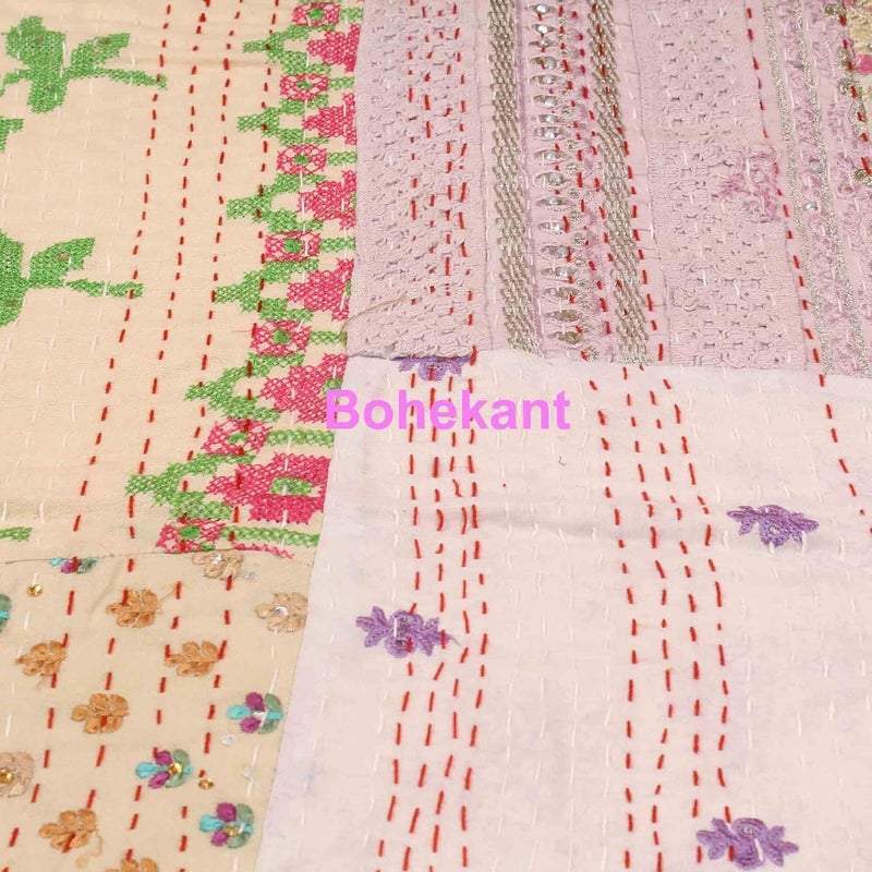 BOHEKANT Handicraft Silk Kantha Khambadiya Mix Patch Work Quilt Kantha Bed Cover Kantha Blanket Throw Handmade Kantha Bedspread03 Double - Image 4