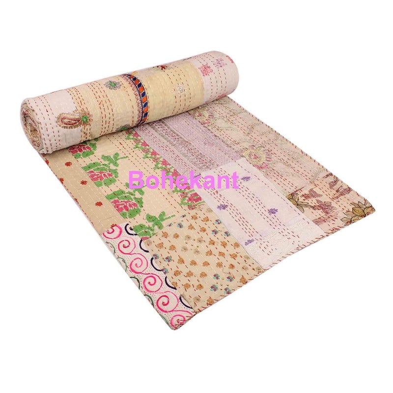 BOHEKANT Handicraft Silk Kantha Khambadiya Mix Patch Work Quilt Kantha Bed Cover Kantha Blanket Throw Handmade Kantha Bedspread03 Double - Image 1