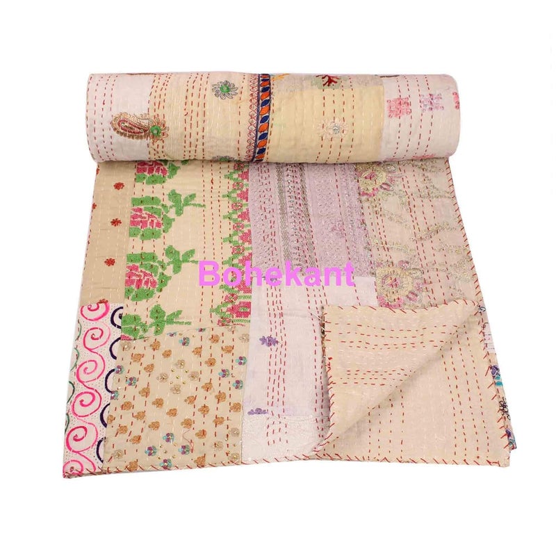 BOHEKANT Handicraft Silk Kantha Khambadiya Mix Patch Work Quilt Kantha Bed Cover Kantha Blanket Throw Handmade Kantha Bedspread03 Double - Image 3