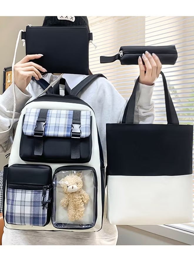 Backpack 4 Pieces School Backpacks Set Preppy School Book Bag Plaid Bag Canvas Backpack Back School Supplies for Student Teens Girls (Black) - Image 1
