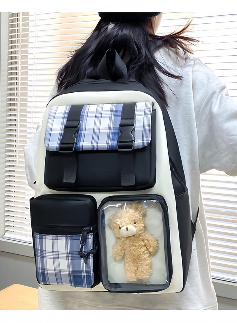 Backpack 4 Pieces School Backpacks Set Preppy School Book Bag Plaid Bag Canvas Backpack Back School Supplies for Student Teens Girls (Black) - Image 4