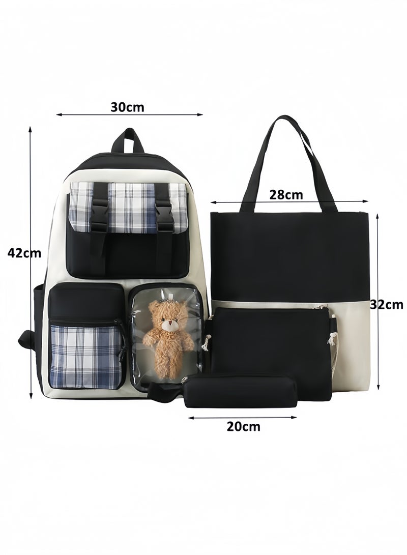 Backpack 4 Pieces School Backpacks Set Preppy School Book Bag Plaid Bag Canvas Backpack Back School Supplies for Student Teens Girls (Black) - Image 2