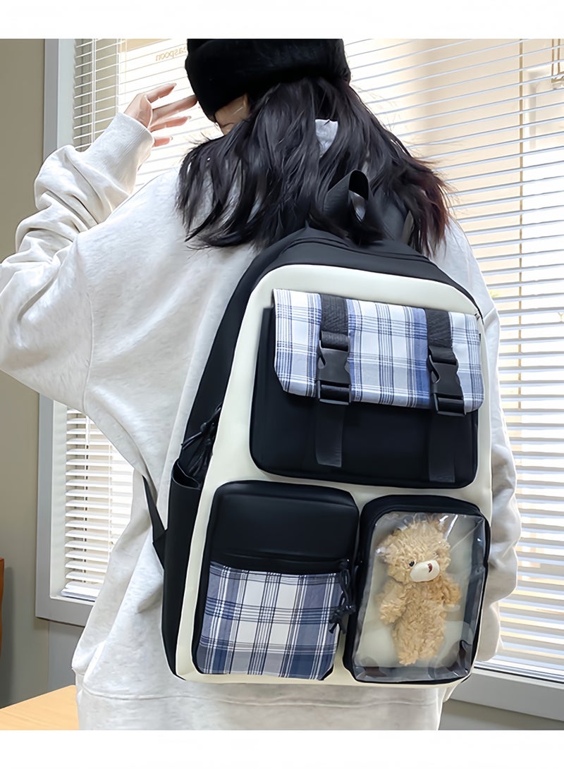 Backpack 4 Pieces School Backpacks Set Preppy School Book Bag Plaid Bag Canvas Backpack Back School Supplies for Student Teens Girls (Black) - Image 3