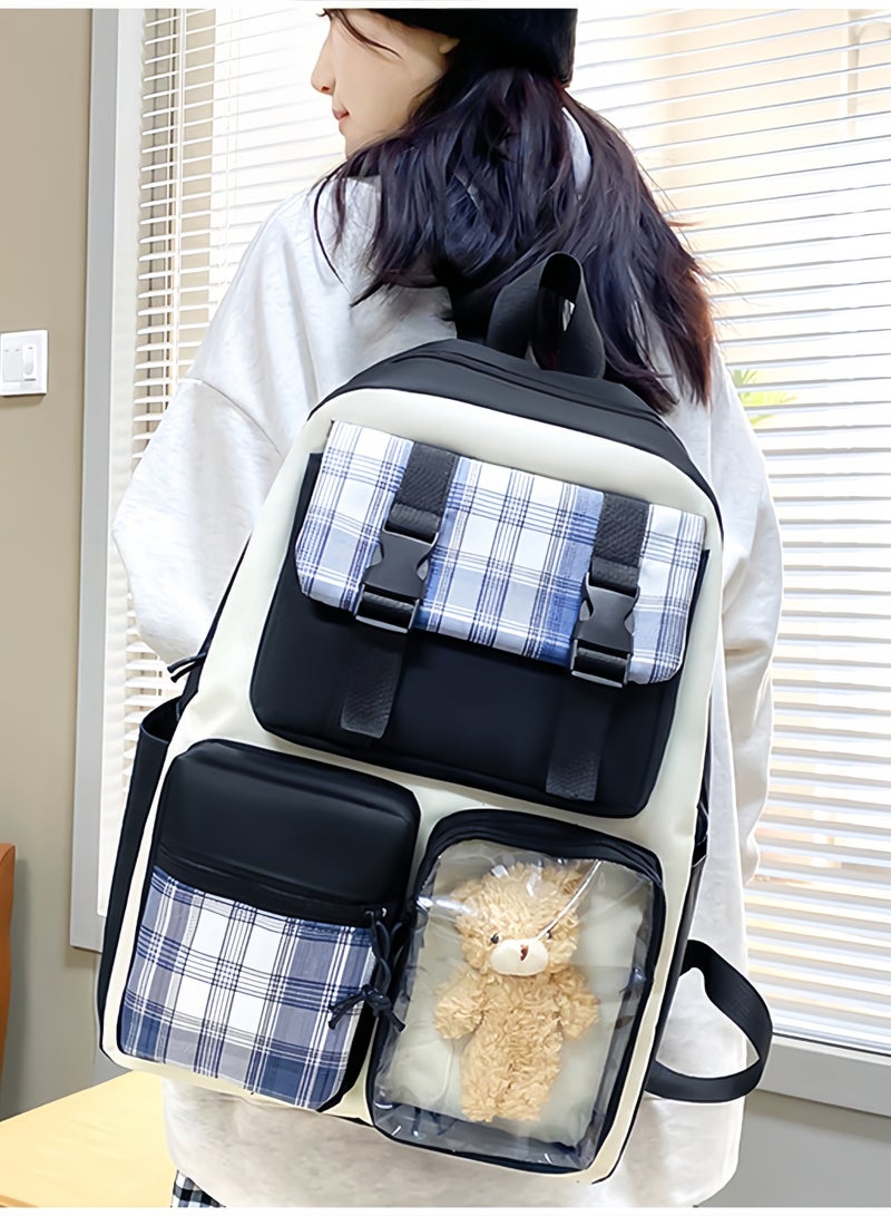 Backpack 4 Pieces School Backpacks Set Preppy School Book Bag Plaid Bag Canvas Backpack Back School Supplies for Student Teens Girls (Black) - Image 5