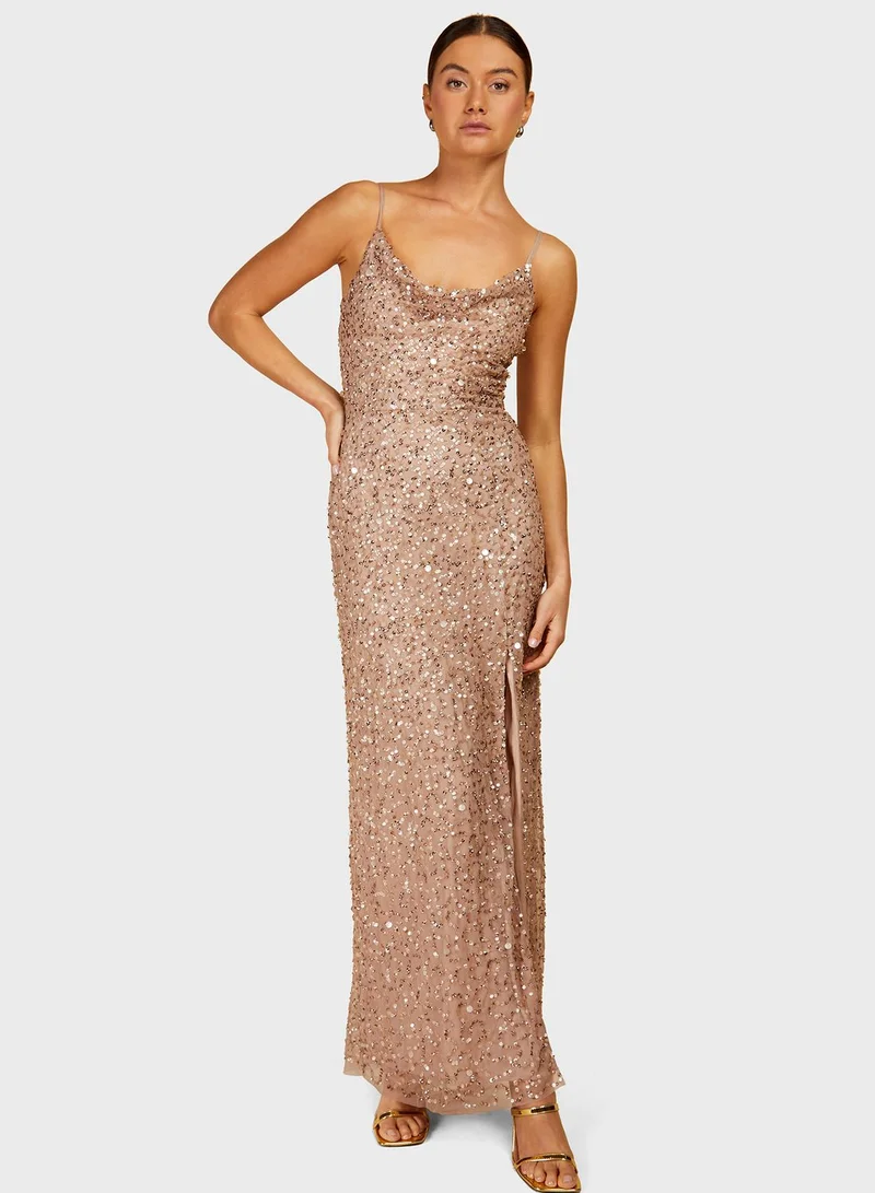 Little Mistress Cowl Neck Side Split Embellished Dress