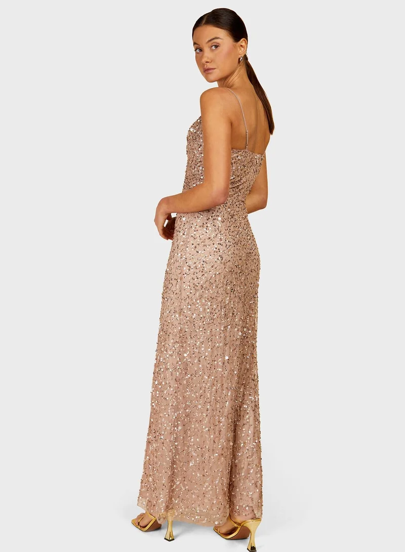 Little Mistress Cowl Neck Side Split Embellished Dress