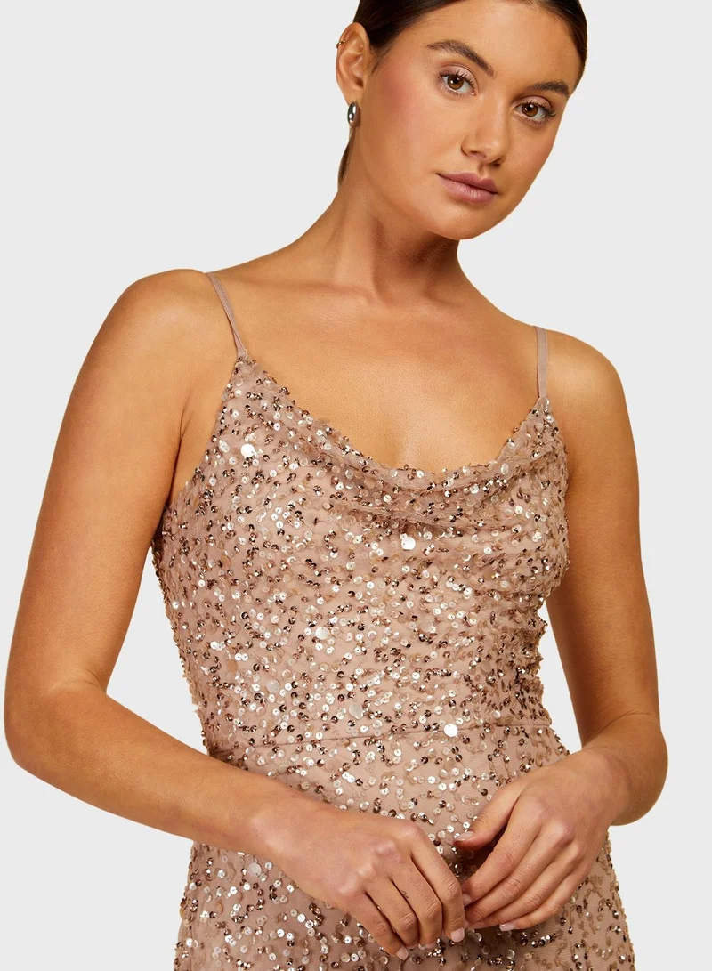 Little Mistress Cowl Neck Side Split Embellished Dress