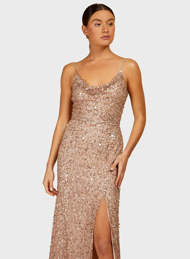 Little Mistress Cowl Neck Side Split Embellished Dress