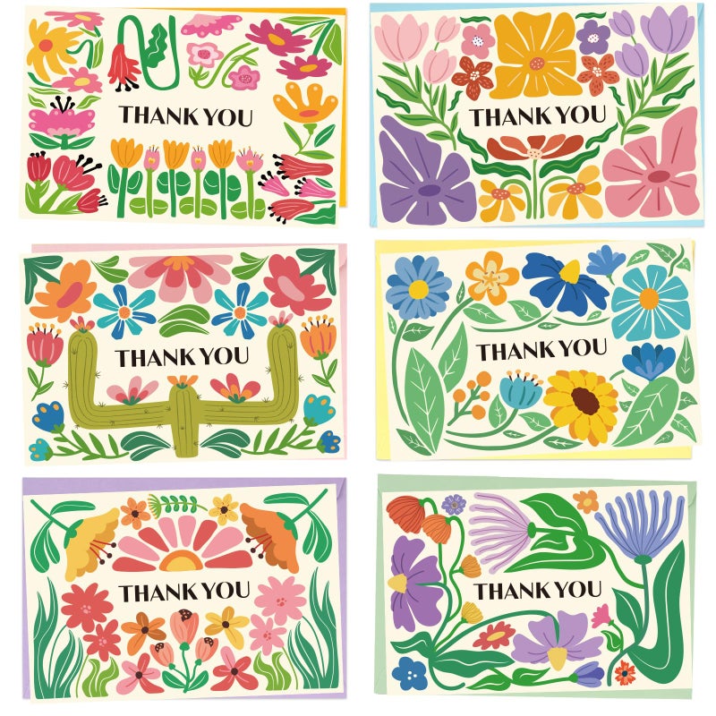 GRADESIN 24 Pack Thank You Cards Bulk with Envelopes & Stickers, 4Ã—6 Inches Retro Abstract Florals Appreciation Cards Notes for Teacher, Coworker, Baby Showerï¼Œ6 Designs - Image 1