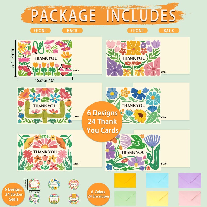 GRADESIN 24 Pack Thank You Cards Bulk with Envelopes & Stickers, 4Ã—6 Inches Retro Abstract Florals Appreciation Cards Notes for Teacher, Coworker, Baby Showerï¼Œ6 Designs - Image 4