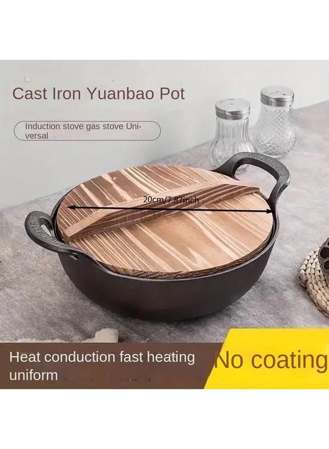 7.87 Inch Cast Iron Dutch Oven Non Stick Dual Handle Wooden Lid Induction Safe - Image 1