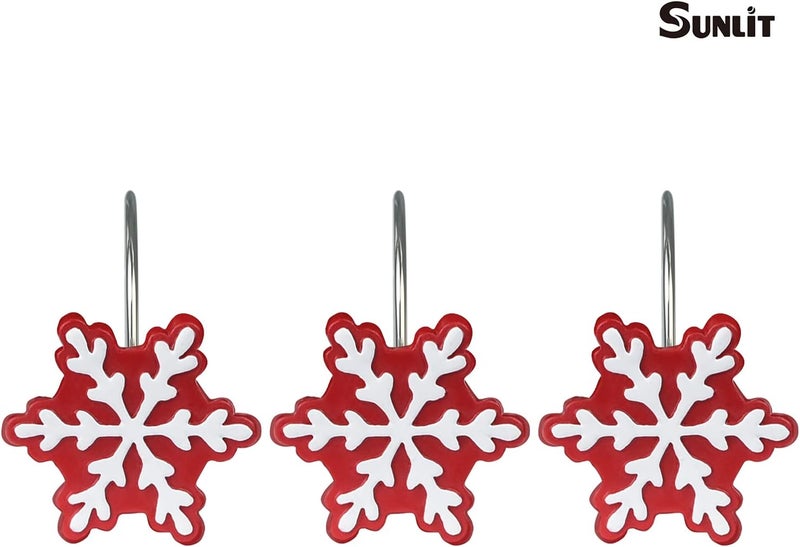 Sunlit Christmas Shower Curtain Hooks Snowflakes Shower Curtain Rings, Resin, Red and White Christmas Decor, Winter Bathroom Decoration - 12 Pack - Image 2