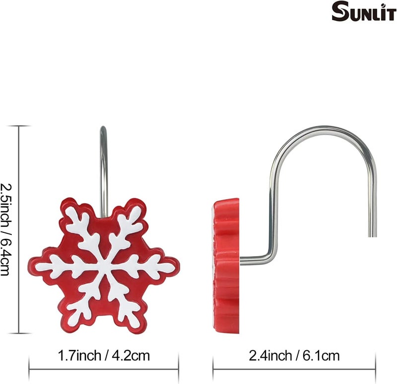 Sunlit Christmas Shower Curtain Hooks Snowflakes Shower Curtain Rings, Resin, Red and White Christmas Decor, Winter Bathroom Decoration - 12 Pack - Image 3