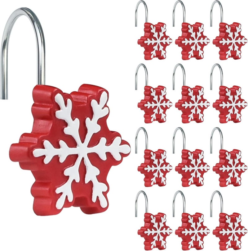 Sunlit Christmas Shower Curtain Hooks Snowflakes Shower Curtain Rings, Resin, Red and White Christmas Decor, Winter Bathroom Decoration - 12 Pack - Image 1